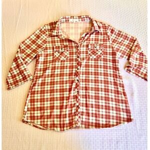 Eden & Olivia Red Plaid Flannel Button Down Shirt XL Roll Tab Sleeve Stretch